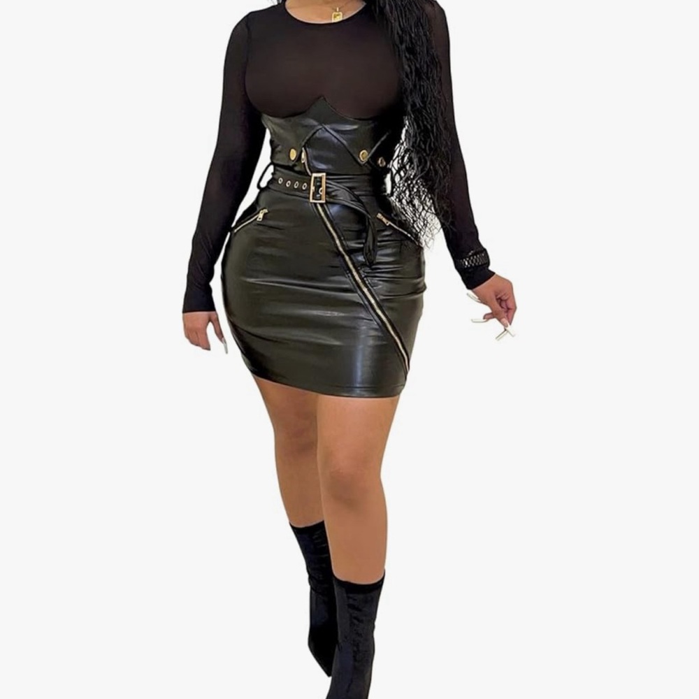 Black Faux Leather Mini Dress with Belt